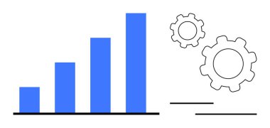 Mavi çizgili grafik, iş akışını ve ilerlemeyi sembolize eden iki ana hatlı dişlinin yanında yükselen büyümeyi gösteriyor. Veri analizi, üretkenlik, iş stratejisi, yenilik, büyüme ve takım çalışması için ideal