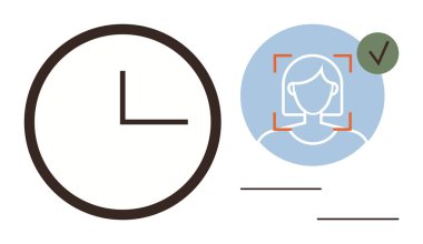 Kırmızı tanıma çerçevesi ve yeşil işaretli saat ve kullanıcı yüz taraması zaman yönetimi, kimlik doğrulaması, yapay zeka, biyometrik, dijital güvenlik, teknoloji erişimi, verimli iş akışını belirtir. İdeal