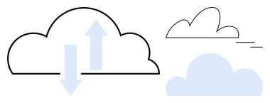 Bilgi alışverişini gösteren okları olan bulut, içerik için minimum bulut. Teknoloji, ağ, veri transferi, depolama, yenilik ve gelecekteki dijital trendler için ideal. Basit düz metafor