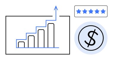 Yükselen oklu bar tablosu, daire şeklinde dolar işareti ve beş yıldızlı not. Ticari büyüme, finans, başarı, analiz, strateji, ekonomik büyüme performans değerlendirmesi için idealdir. Temiz düz metafor