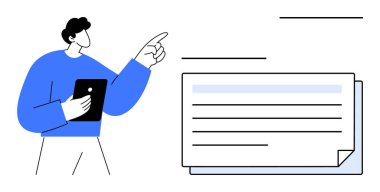 Tablet tutan ve yazılı bir belgeye doğru hareket eden bir adam. Eğitim, iletişim, fikir paylaşımı, sunumlar, öğrenme, takım çalışması ve sanal işbirliği için idealdir. En düşük düz