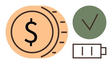 Tasarruf, verimlilik, başarı, enerji, üretkenlik, sürdürülebilirlik ve parasal büyümeyi vurgulayan işaretleme ve pil ikonunun yanında dolar para. İş için ideal, finans enerjisi