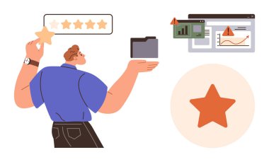 Çizelgeleri uyarılarla incelerken elinde bir yıldız ve klasör tutan adam. Çoklu görev, proje yönetimi, analitik, verimlilik, öncelik, karar verme, üretkenlik için idealdir. Basit düz