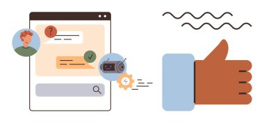 Kullanıcı ile sohbet arayüzü, bir dişli ve radyo ikonu ile çizilmiş robot otomasyonu ve onay ya da anlaşmayı simgeleyen bir onay simgesi. İletişim, otomasyon, yapay zeka ve kullanıcı deneyimi için ideal