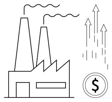 Baca yayan fabrikalar, büyümeyi sembolize eden oklar ve bir dolar işareti. İş, ekonomi, sanayi, imalat, kar yatırımı ve büyüme eğilimi kavramları için idealdir. Basit düz