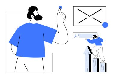 E-postayı gösteren adam, çubuk grafikte dijital arama çubuğuyla etkileşen daha küçük bir figür. İletişim, strateji, teknoloji, başarı, büyüme, analitik, düz metafordaki basitlik için ideal