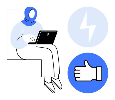 Dizüstü bilgisayarlı tesettürlü bir kadın. Etrafı enerji cıvataları ve işaret simgeleriyle çevrili. Uzak çalışma, güçlendirme, enerji, pozitiflik, başarı, modern tasarım, basit iniş sayfası için ideal