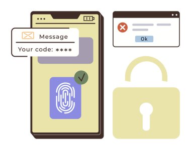 Parmak izi taraması, onay mesajı ve asma kilidi olan cep telefonu. Siber güvenlik, kimlik doğrulama, gizlilik, çevrimiçi güvenlik, kişisel veri güvenliği, dijital kilit güvenli giriş için ideal
