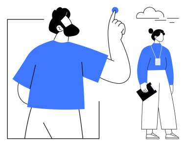 Biri elini kaldırarak bir noktaya değinen iki birey, diğeri de belgelerini tutuyor. Takım çalışması, iletişim, liderlik, yenilik, tartışma, strateji eğitimi için ideal. Modern basit