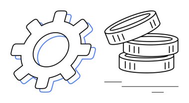 Şanzıman mekanizması, endüstriyel süreçleri ve finansal büyümeyi temsil eden madeni paraların yanında. Yenilik, üretkenlik, iş büyümesi, işbirliği, ekonomi, yatırım, strateji için ideal. Basit.