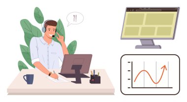 Masasında birden fazla iş yapan bir kulaklığı olan bir profesyonel, büyüme grafiğini ve dijital arayüzü analiz ediyor. Müşteri desteği, uzaktan çalışma, iletişim, iş analizi, verimlilik için ideal