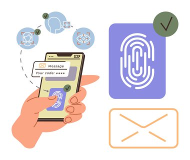 Elinde biyometrik parmak izi doğrulaması, güvenli mesaj girişi ve yüz tanıma ikonları olan bir akıllı telefon var. Dijital güvenlik, kimlik denetimi, mahremiyet, çevrimiçi erişim ve veri için ideal