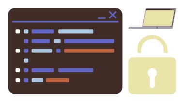 Open coding interface with lines of code, a laptop, and a lock icon representing cybersecurity, data protection, and programming. Ideal for technology, software development, encryption, privacy clipart svg vector 