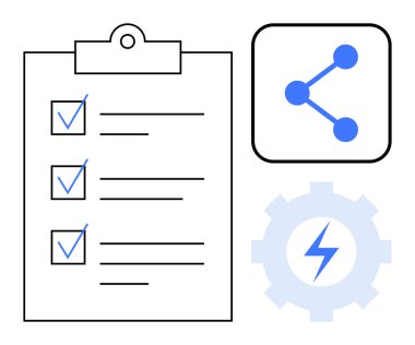 Panoda kontrol işaretli görev listesi, işbirliği simgesi paylaşımı ve verimlilik için yıldırımlı ekipman. Üretkenlik, takım çalışması, organizasyon, planlama, işlemler, iş akışı için ideal