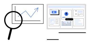 Yükselen grafiği inceleyen büyüteç ve grafikler, bildirimler ve video ekranı içeren dijital gösterge paneli. Analiz, araştırma, strateji, performans, teknoloji, veri görselleştirme için ideal