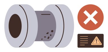 Kızıl haç sembolü ve uyarı işaretinin yanında iç korozyonu olan kırık bir boru yapısı. Onarım, bakım kaygıları, güvenlik, mühendislik arızaları, tehlike uyarıları, mekanik sorunlar için ideal