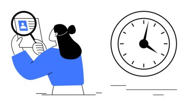 Kadın, büyük saatin yanındaki büyüteçle kullanıcı profilini inceliyor. İşe alım, zaman takibi, insan kaynakları, verimlilik, araştırma, yönetim ve verimlilik için ideal. Basit düz