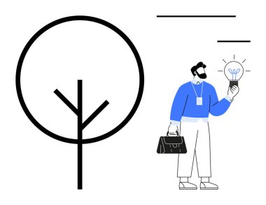 Minimalist bir adam bir ağaç sembolünün yanında parlayan bir ampul tutuyor. Sürdürülebilirlik, yenilik, yaratıcılık, eko-farkındalık, girişimcilik, çevresel çözümler, basit düz metafor