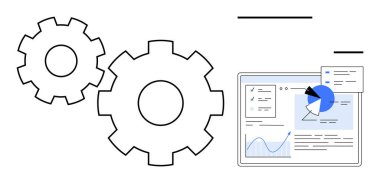 İki büyük vites süreci sembolize ederken, grafikler, grafikler ve pasta simgeleriyle birlikte dijital bir gösterge paneli de analitiği vurguluyor. Teknoloji, üretkenlik, otomasyon, veri analizi, iş akışı, iş dünyası için ideal