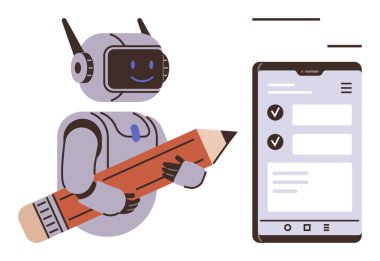 Akıllı telefonun yanında kalem taşıyan dost canlısı bir robot görev listesi arayüzü sergiliyor. Üretkenlik, teknoloji, otomasyon, eğitim, planlama, mobil uygulamalar, yaratıcılık için idealdir. Basit düz