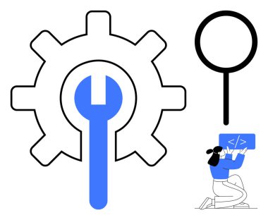 İngiliz anahtarlı dişli sistem bakımını temsil ediyor, büyüteç araştırmayı sembolize ediyor ve insan kodlaması da gelişimi simgeliyor. Teknoloji, kodlama, araçlar, destek, araştırma, yenilik için ideal