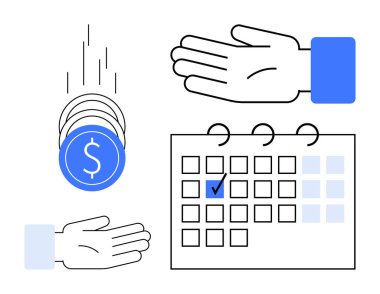 Ellere ve takvime düşen madeni paralar finans planlaması, işlemleri ve ödeme zamanlamasını temsil ediyor. Bankacılık, bütçe, tasarruf, maaş ve yatırım için ideal