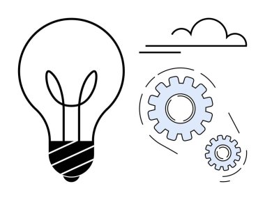 Ampul dönen dişliler ve fikirleri, yaratıcılığı, yeniliği ve takım çalışmasını temsil eden bir bulut eşleştirildi. Problem çözme, strateji, teknoloji, icat, beyin fırtınası işi için idealdir.