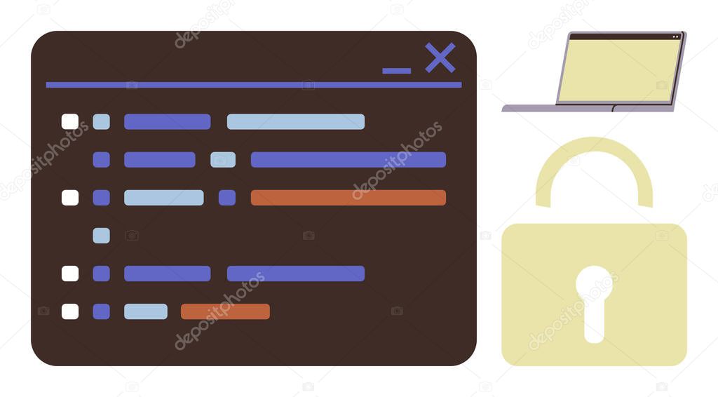 Open coding interface with lines of code, a laptop, and a lock icon representing cybersecurity, data protection, and programming. Ideal for technology, software development, encryption, privacy stock vector