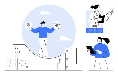 Şehir manzarası üzerinde profesyonel dengeleyici ampul ve el sıkışma, sanal doktor konsültasyonu, tablet kullanıcısı. Yenilik, işbirliği, teletıp, kurumsal strateji ve modern çalışma için ideal