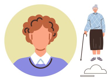 Eski tarz giyinmiş yaşlı bir kadın genç yetişkin siluetinin yanında baston tutuyor. Yaşlanma, destek, aile, bakım, jenerasyon bağlantısı, bilgelik, sağlık için idealdir. Basit düz metafor