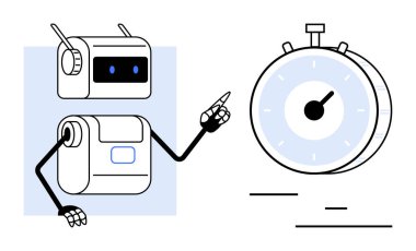 Kronometreye doğru hareket eden robot hız, hassasiyet ve teknolojiyi vurguluyor. Üretkenlik, yapay zeka, verimlilik, otomasyon, robotik, zaman optimizasyonu için ideal basit iniş sayfası