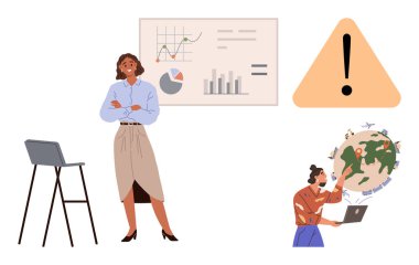 İş kadını analitik çizelgeleri ve grafikleri inceliyor. Küresel kaygıları inceleyen dizüstü bilgisayarı olan bir birey. Büyük uyarı işareti dahil. Analiz, takım çalışması, problem çözme, küresel sorunlar için ideal