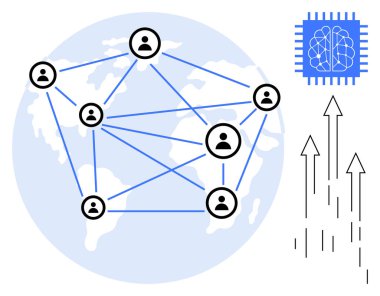 Bağlı kullanıcı simgeleri, yapay zeka mikroçipi ve ilerlemeyi, yeniliği ve teknolojiyi temsil eden yukarı doğru oklarla dolu bir dünya. Ağ oluşturma, iletişim, yapay zeka, veri küresel bağlantı büyümesi için ideal