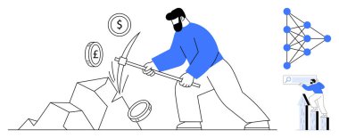 Kazmalı madencilik parası, uçan paralar, ağ şeması ve grafik analizi. Finans, kripto para birimi, veri madenciliği, teknoloji küresel ekonomi yatırım temalarını engellemek için ideal. Basit.