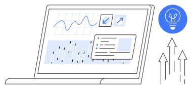 Grafikler, grafikler ve görev listeleriyle birlikte parlayan bir ampul ve yukarı bakan oklarla birlikte dizüstü bilgisayar paneli. Ticari eğilimler, yenilik, büyüme, üretkenlik, teknoloji, analiz için ideal