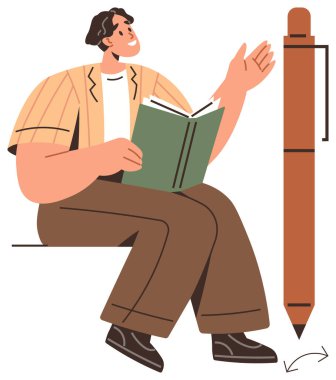 Büyük bir kalem yakınında okuma ve el kol hareketi yapan kişi. Eğitim, yaratıcılık, kendi kendine çalışma, üretkenlik, iletişim, kişisel büyüme için ideal, basit düz metafor