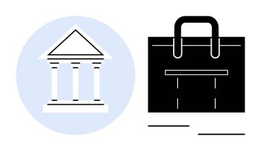 Banka binası, bir iş çantasının yanındaki dairede sütunlar var. Yasal hizmetler, kurumsal finans, bankacılık, yatırım, hukuk firmaları, profesyonellik ve asgari tasarım için ideal. Basit bir daire.