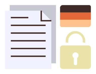 Kilitli asma kilit ve eğimli dikdörtgen panelin yanında kağıt belge. Gizlilik, güvenlik, veri koruması, gizlilik, dijital erişim, uyum, risk yönetimi için idealdir. Basit düz metafor