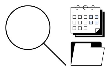 Bir takvim ve klasörün yanında büyüteç. Detaylı analiz, planlama ve dökümantasyonu vurguluyor. Üretkenlik, zamanlama, organizasyon, zaman yönetimi, proje planlaması için ideal