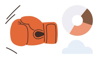 Salıncağın ortasında boks eldiveni, veriyi ve analizi sembolize eden pasta grafiği, yenilik öneren bulut. Rekabet, analiz, spor stratejisi, takım çalışması, liderlik, iş anlayışı için ideal