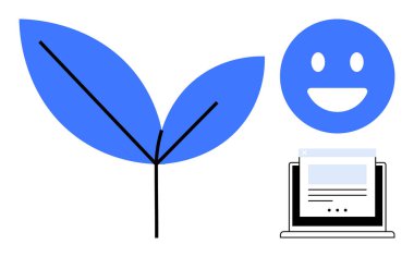 Mavi yaprak, neşeli mutlu yüz ve dizüstü bilgisayar ekranı teknolojinin uyumu, çevresel farkındalık, olumlu ilerleme. Ekoloji, teknoloji, eğitim, yenilik sağlığı için ideal