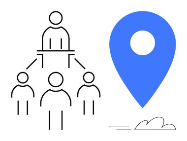 Takım üyelerine bağlı hiyerarşik figür yapısı, büyük mavi bir konum işaretiyle birlikte. Liderlik için ideal, takım çalışması, konum, bağlantı, iş, strateji navigasyonu. Basit düz