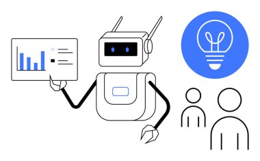 Robot elinde veri tablosu tutarken bir ampul ikonunun yanında iki kişiye hitap ediyor. Teknoloji, yenilik, yapay zeka, takım çalışması, analitik, eğitim, basit iniş sayfası için ideal