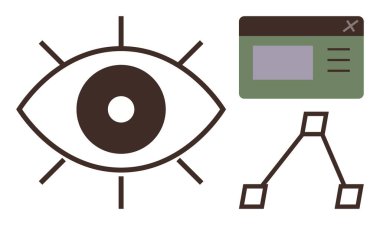 Göz çizgilerle çevrili, pencere üzerinde menü ve bağlı düğüm diyagramı var. Veri görselleştirme, teknoloji, yaratıcılık, analitik, yenilik, tasarım düşünme için ideal basit düz metafor