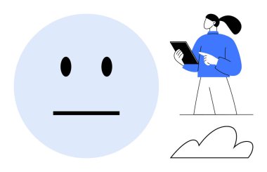 Tarafsız ifade, tabletle etkileşime geçen bir insan, asgari bulut. Duygular için ideal, teknoloji, bağlantı, takım çalışması, iletişim, basit iniş sayfası