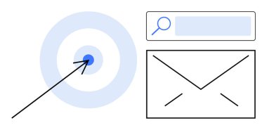 Hedef ok, arama çubuğu ve e-posta zarfı hassasiyeti, bilgi keşfi ve iletişimi simgeliyor. Pazarlama, strateji, analitik ve büyüme için ideal bağlantı basit