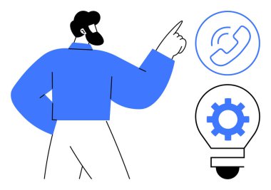 Sakallı adam bir telefon çağrısına ve ampul dişli ikonlarına işaret ederek iletişimi, yeniliği, takım çalışmasını, işbirliği yapmayı, problem çözmeyi, müşteri hizmetlerini ve yaratıcılığı sembolize ediyor. İş için ideal