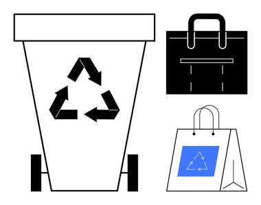 İçinde ok sembolü olan geri dönüşüm kutusu, yeniden kullanılabilir çanta ve çevre dostu logolu kağıt alışveriş torbası. Sürdürülebilirlik, atık yönetimi, geri dönüşüm, çevre bilinci, yeşil yaşam, minimalizm için ideal