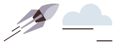 Minimalist bulut tasarımı ile gökyüzüne doğru fırlatılan roket büyümeyi, yeniliği ve keşfi sembolize ediyor. İş için ideal, başarı, teknoloji, hırs, gelecekteki yaratıcılık için basit düz metafor