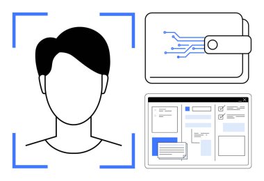 Yüz tanıma kullanıcı doğrulaması, güvenli işlemleri gösteren dijital cüzdan, online arayüz görüntüleme hesabı ve veri girdileri. Güvenlik, kimlik doğrulama, fintech, teknoloji için ideal